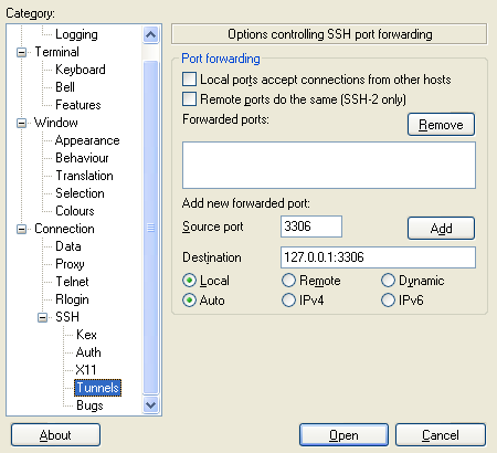 create ssh tunnel putty